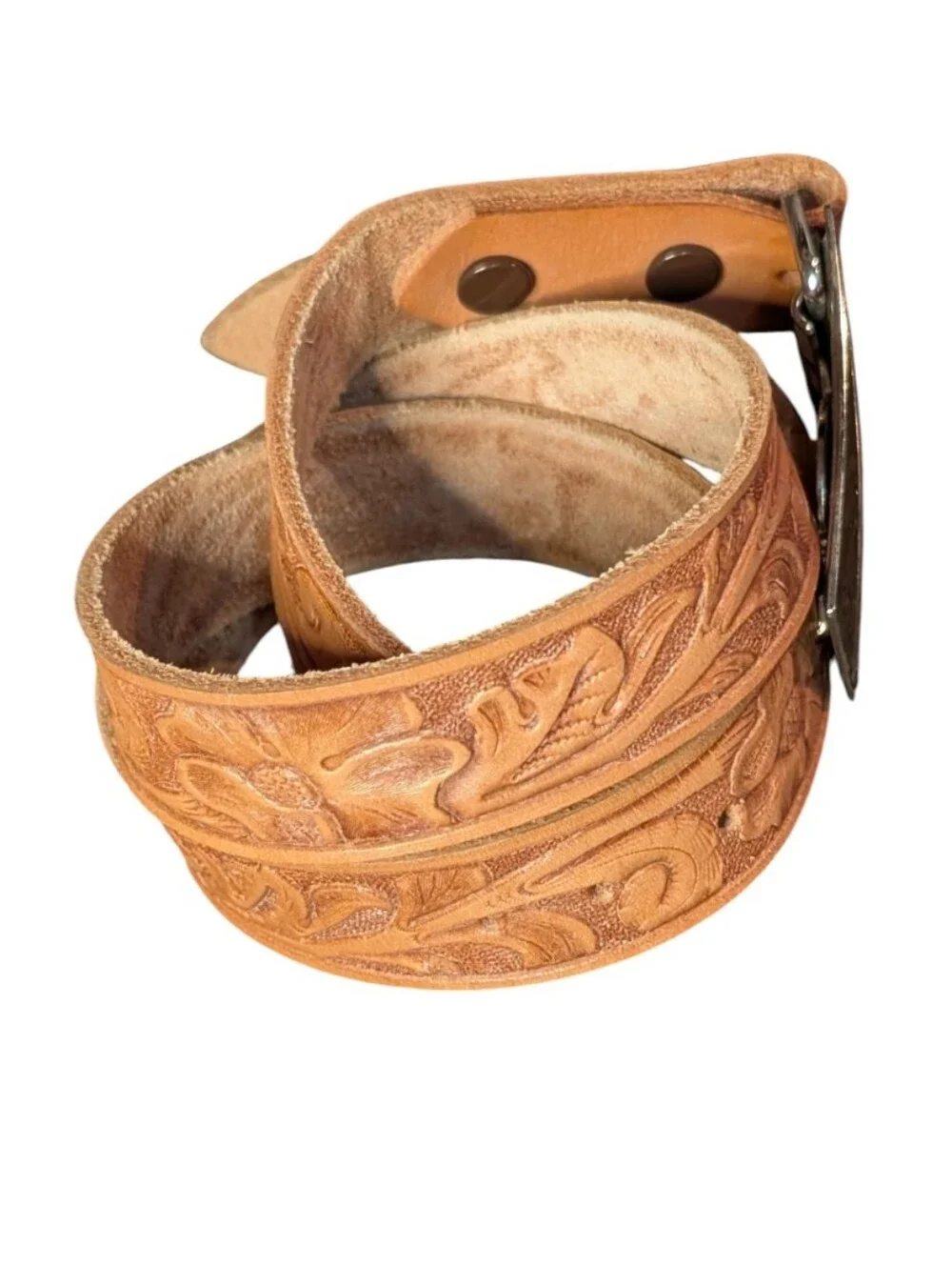 Western tooled Leather belt genuine tan floral pattern Buckle boho cowboy rodeo